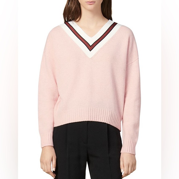Sandro Sweaters - Sandro Pink Contrast Panel Striped V-Neck Sweater Red White Wool Blend Size XL